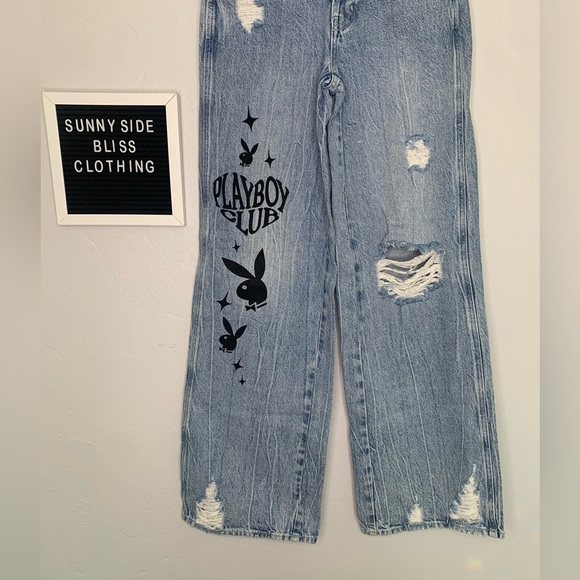 Pacsun Light Blue Distressed Wide Leg Playboy Bunny Graphic Jeans Size 25 - Picture 2 of 15